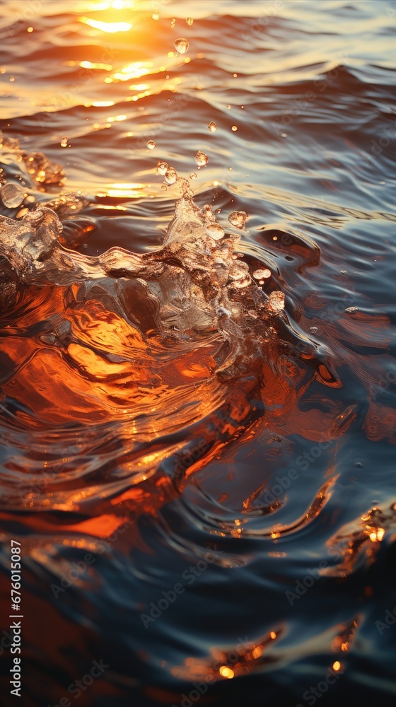Poster a close up of the water with the sun in the background and a frothy substance on the surface of the 