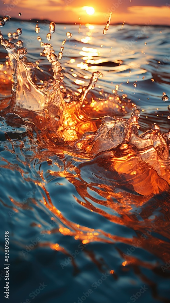 Poster water splashing on the surface of a body of water with the sun setting in the distance in the backgr