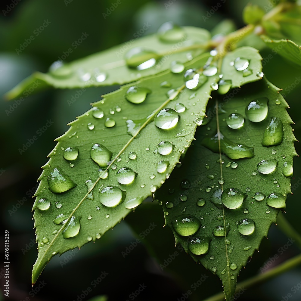Poster a close up of a leaf with drops of water on it and a green leaf with leaves in the background. gener