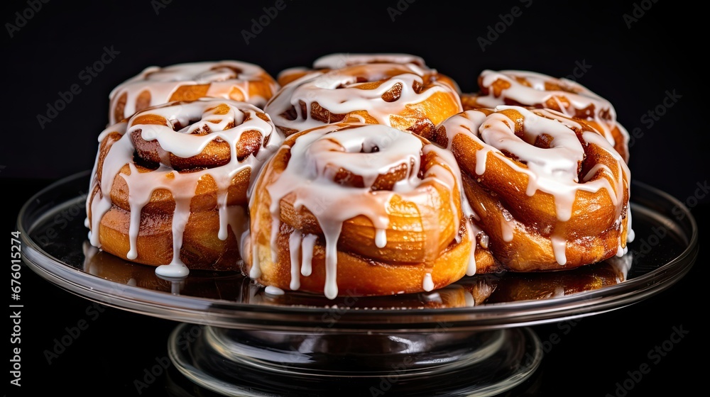 Poster a close up of a plate of doughnuts with icing on a black table with a black background. generative a