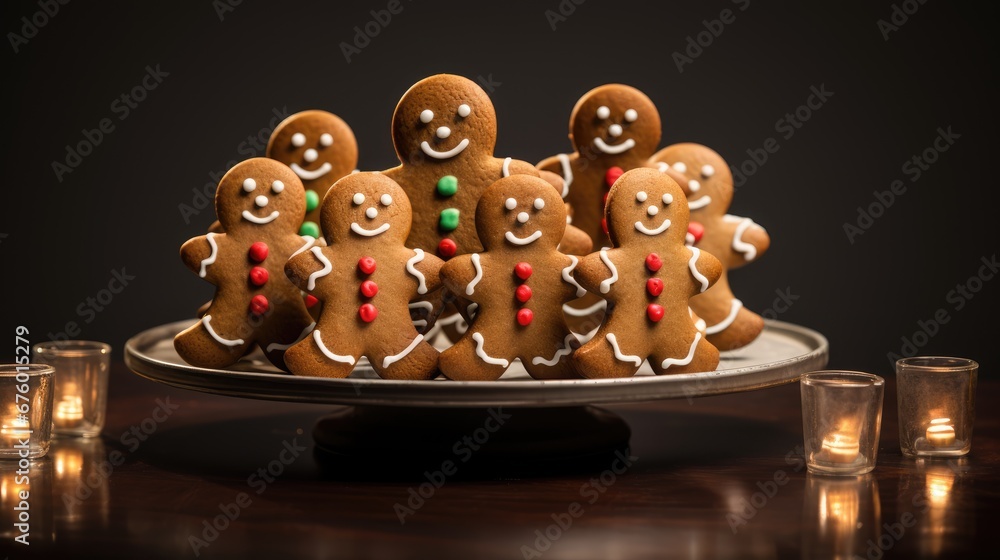 Poster a group of gingerbread men on a silver platter with candles on a table in front of a black backgroun