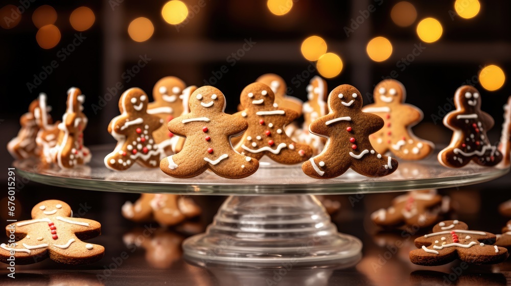 Poster a close up of many different kinds of cookies on a glass platter with lights in the backround. gener