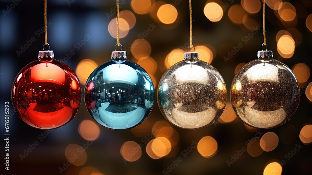 Poster three christmas ornaments hanging from a string in front of a christmas tree with lights in the back