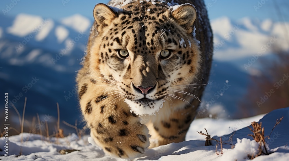 Poster a snow leopard walking through the snow with mountains in the backgrouds in the backgrouds. generati