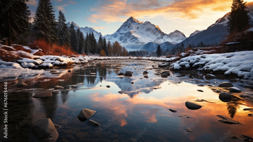 Poster a river surrounded by snow covered mountains with rocks in the foreground and water in the foregroun