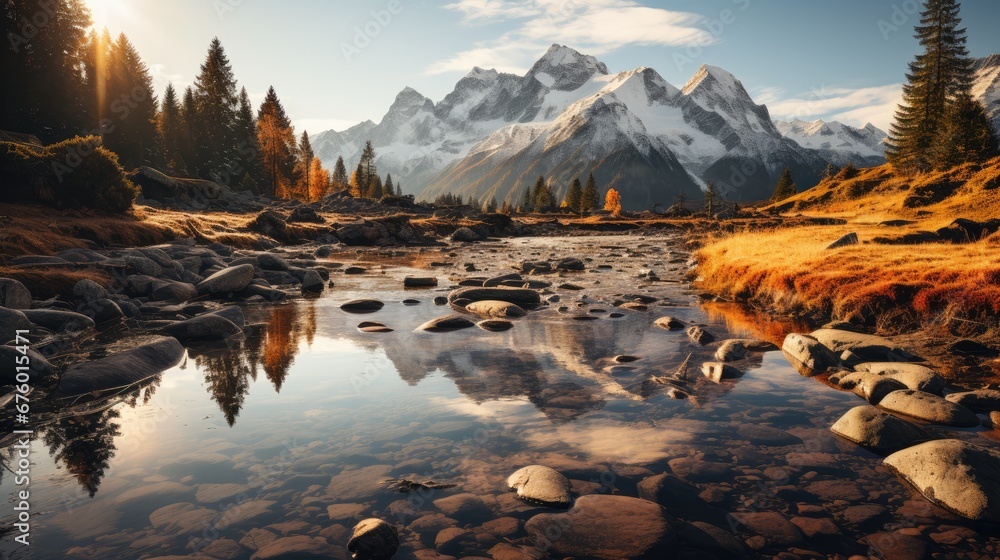 Poster a painting of a mountain stream with rocks and grass in the foreground and a few trees in the backgr