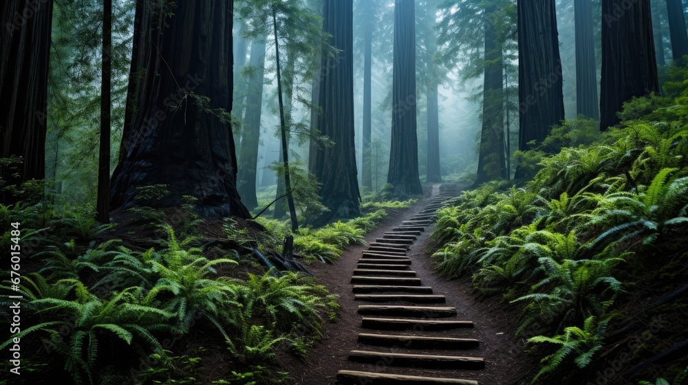Poster a set of steps in the middle of a forest in the middle of a foggy day with trees and ferns on either
