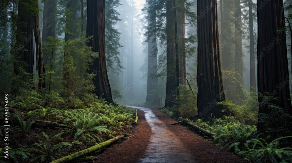 Poster a dirt road in the middle of a forest with tall trees on both sides of it and fog in the air. genera