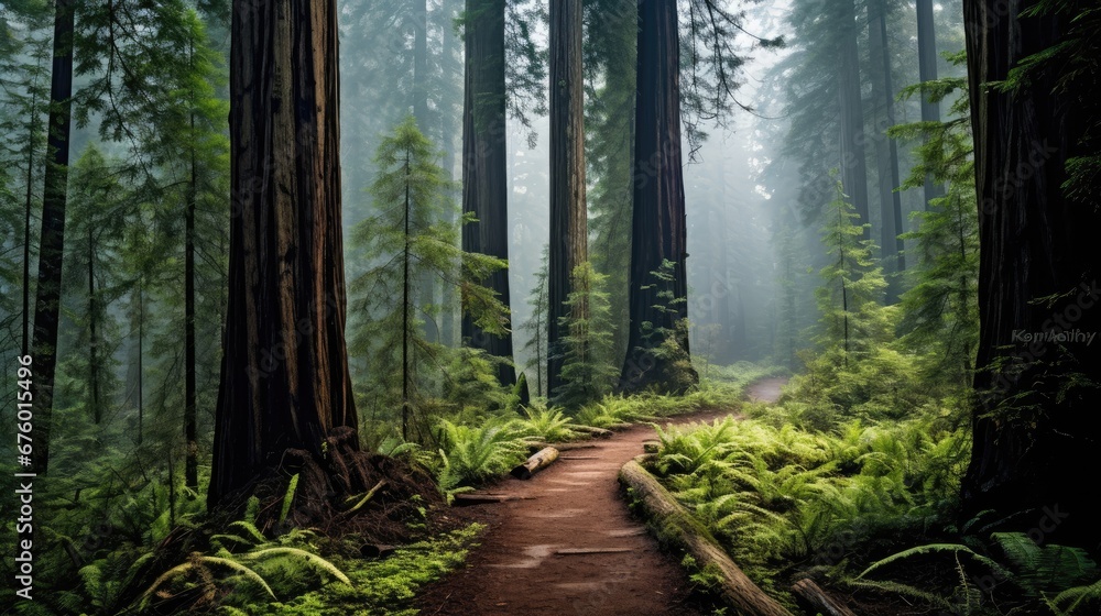 Poster a path in the middle of a forest with lots of trees on both sides of it and fog in the air. generati
