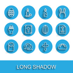 Set line Easter cake, Speech bubble with easter egg, Christian cross, Holy bible book, Greeting card Happy and icon. Vector