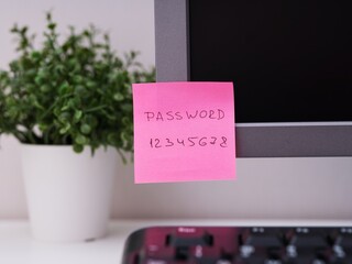 A pink paper note with the reminder Password 12345678 on it sticked on to a monitor at an office...