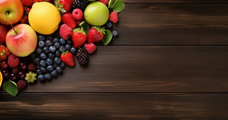Colorful Abundance. Top View of Vibrant Fruits, Vegetables, and Berries on wood floor background. Generative AI