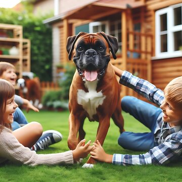 A boxer dog playing with children in a backyard
