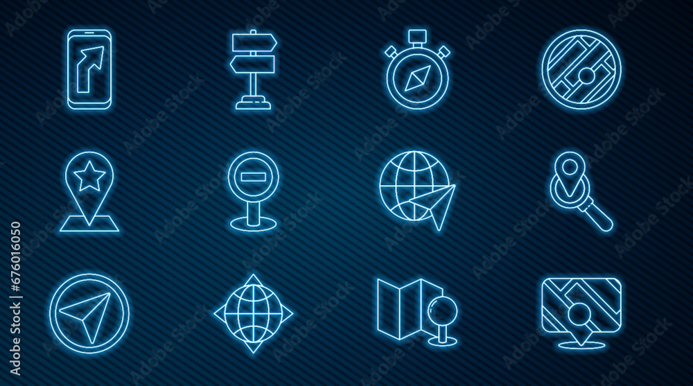 Poster set line infographic of city map navigation, search location, compass, stop sign, map pointer with s