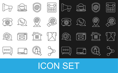 Set line Share, Envelope, Mail and e-mail in hand, Shield with, Telephone speech bubble chat, Megaphone and Location icon. Vector