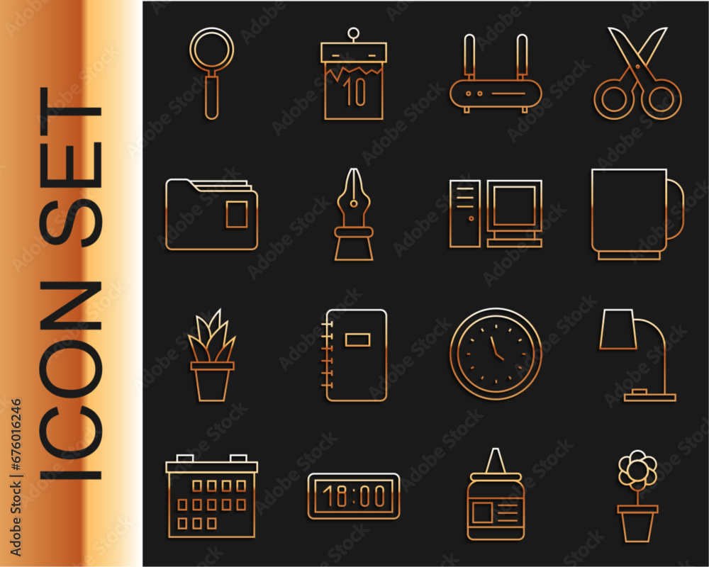 Poster set line flower in pot, table lamp, coffee cup, router and wi-fi signal, fountain pen nib, document 