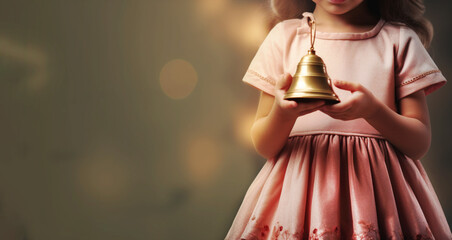 Cropped shot of little girl holding Christmas bell in her hand. Holiday or Christmas in kindergarten. Copy space. Banner. - obrazy, fototapety, plakaty