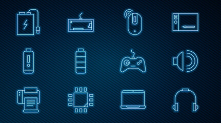 Set line Headphones, Speaker volume, Wireless computer mouse, Battery charge level indicator, Power bank with cable, Gamepad and Keyboard icon. Vector