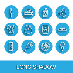 Set line Chocolate bar, Chicken leg, Corn dog, Pizza, Ice cream in waffle cone, Khinkali cutting board, Bread loaf and Bag packet potato chips icon. Vector