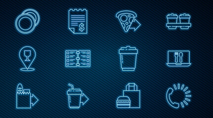 Set line Food ordering, Online and delivery, pizza, Restaurant cafe menu, Alcohol beer bar location, Plate, Coffee cup to go and Paper financial check icon. Vector