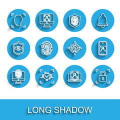 Set line Monitor with fingerprint, Voice recognition, Face, Laptop face, Fingerprint lock, Mobile and and Eye scan icon. Vector