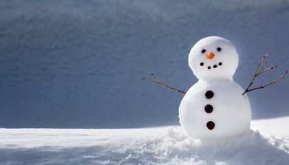 Small snowman on soft snow with copy space