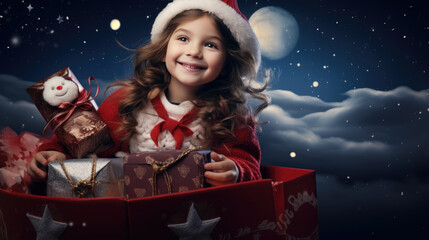 Obraz na płótnie Canvas A joyful child in a Santa hat is smiling with wonder as she opens a golden Christmas gift under a starry night sky.