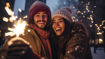 A happy couple in winter attire, holding a sparkler and sharing a joyful moment together at night.