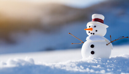 Small snowman on soft snow with copy space