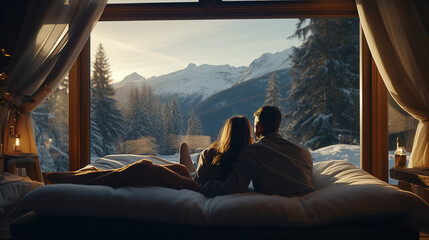 Happy couple in cozy interior with panoramic window with great view on the snowy mountains