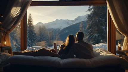 Gordijnen Happy couple in cozy interior with panoramic window with great view on the snowy mountains © Philippova