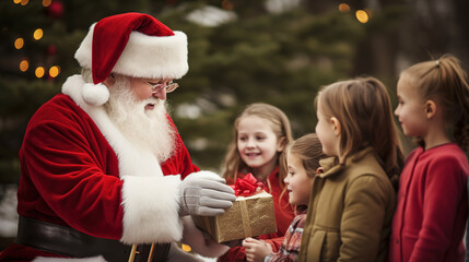 Santa Claus giving presents to little children. Merry Christmas and Happy New Year concept