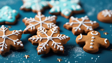 Fototapeta na wymiar Christmas cookies on a plate against a blue background