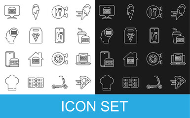 Set line Online ordering pizza delivery, burger, Paper glass and, Cafe restaurant location, and icon. Vector