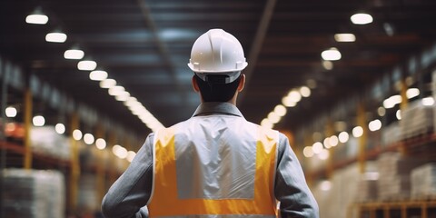 Rear view man professional Worker Wearing Safety Vest and Hard Hat. In the Background Big Warehouse with Shelves full of Delivery Goods, generative ai