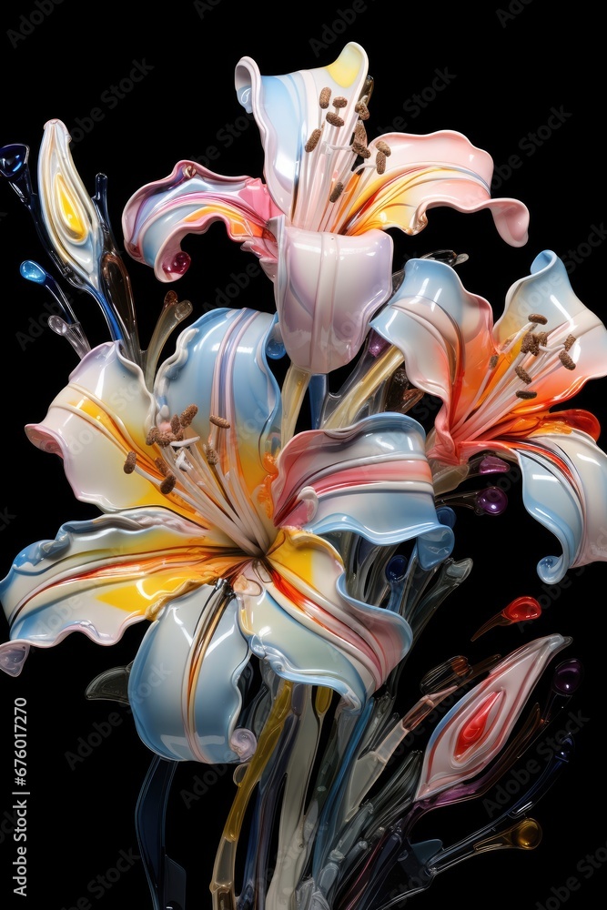 Poster a close up of a vase with flowers on a black background with a reflection of the inside of the vase.