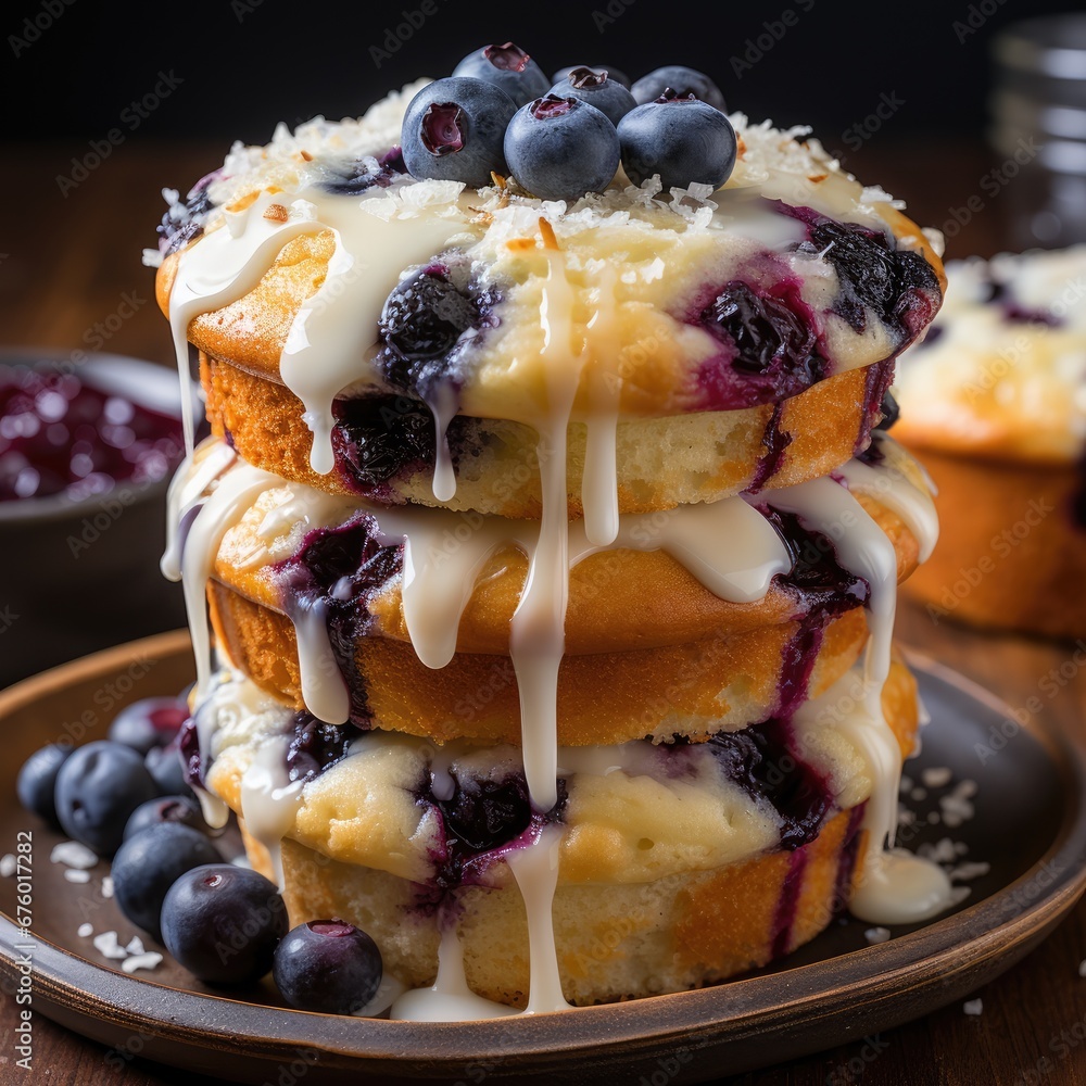 Aufkleber a stack of blueberry muffins with a drizzle of icing and blueberries on top. generative ai