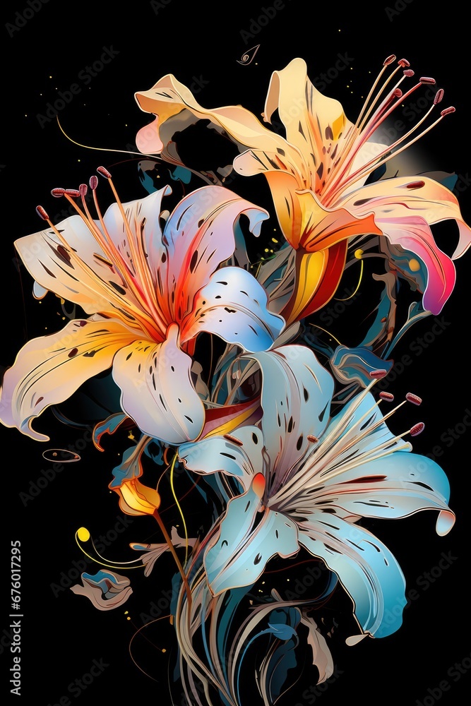 Poster a close up of a bunch of flowers on a black background with a splash of paint on the bottom of the i