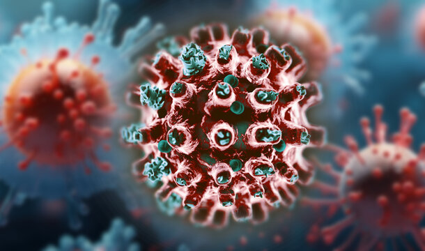 Coronavirus COVID-19. Ilustración 3d de virus y bacterias infecciosos.