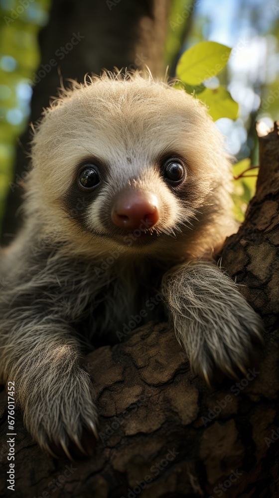 Poster a baby sloth sitting in a tree looking at the camera with a sad look on it's face. generative ai