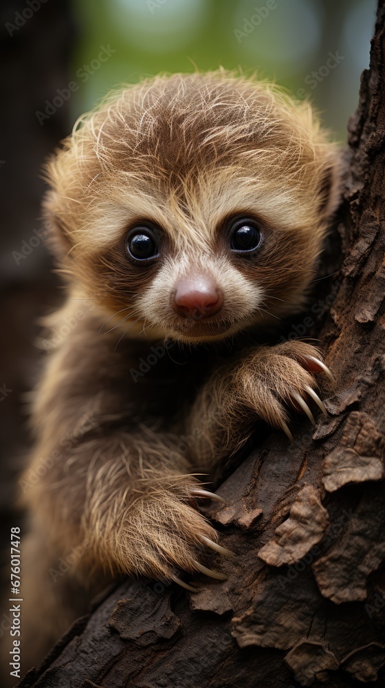 Poster a baby sloth sitting on a tree branch looking at the camera with a sad look on it's face. generative