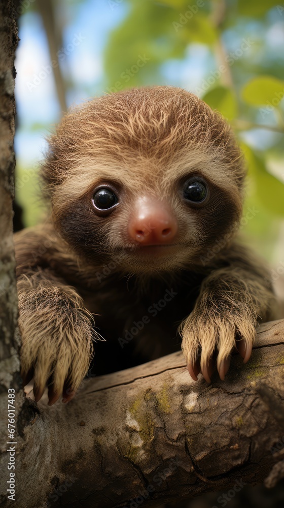 Poster a baby sloth sitting on a tree branch with its paws on it's back and eyes wide open. generative ai