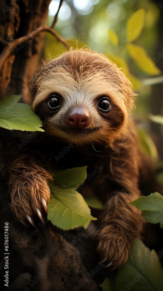 Poster a close up of a baby sloth on a tree branch with leaves on it's back and eyes wide open. generative 