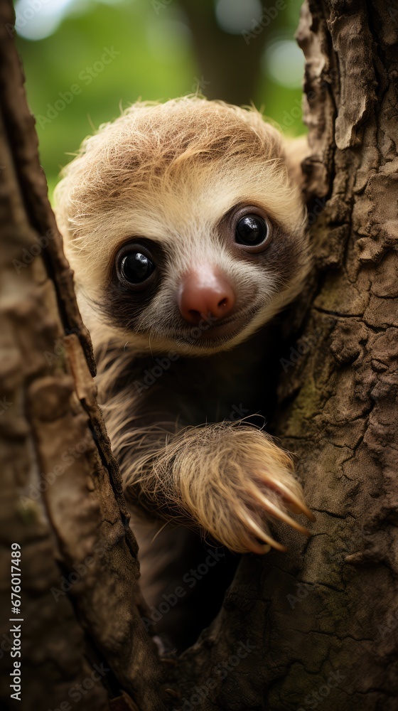 Poster a baby sloth climbing up the side of a tree looking at the camera with a curious look on its face. g