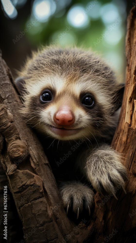 Aufkleber a close up of a baby racoon in a tree looking at the camera with a sad look on its face. generative 