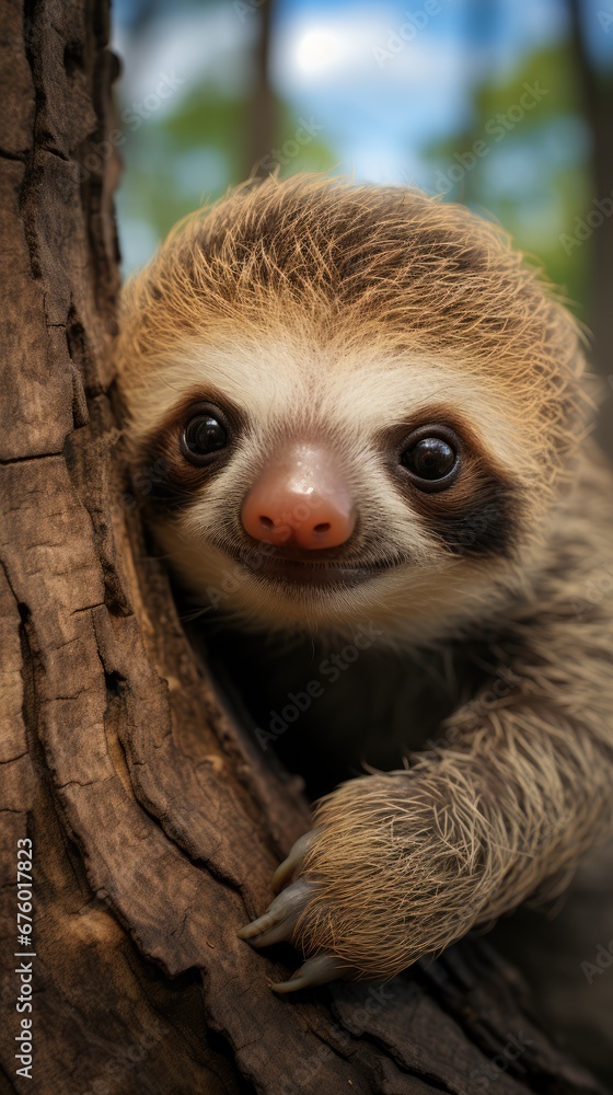Poster a close up of a sloth on a tree with a blue sky in the background and a few clouds in the sky. gener