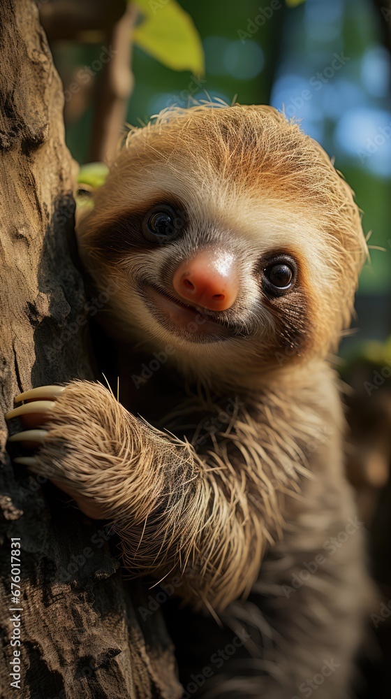 Poster a baby sloth climbing up a tree in a tree trunk with its paws on a tree branch and looking at the ca