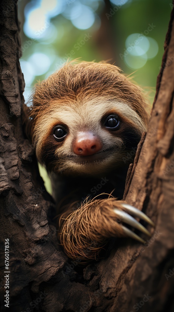 Poster a close up of a sloth in a tree with a fork sticking out of it's back end. generative ai