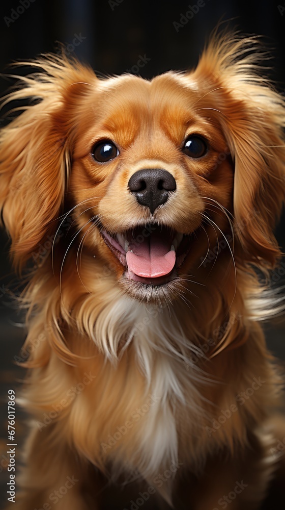 Poster a close up of a dog's face with it's tongue out and it's eyes wide open. generative ai