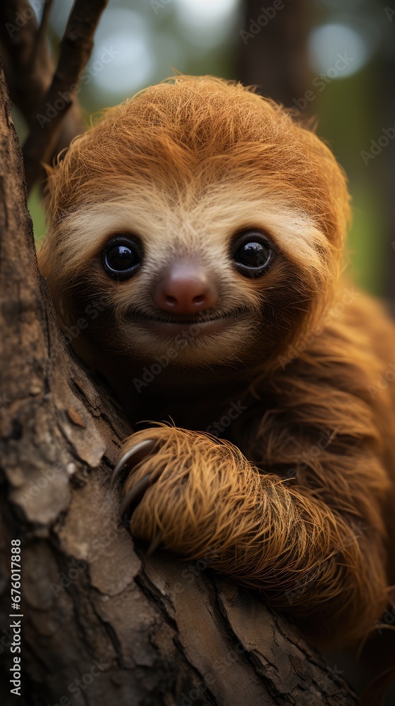 Poster a close up of a sloth on a tree with its head hanging over the top of a tree branch. generative ai